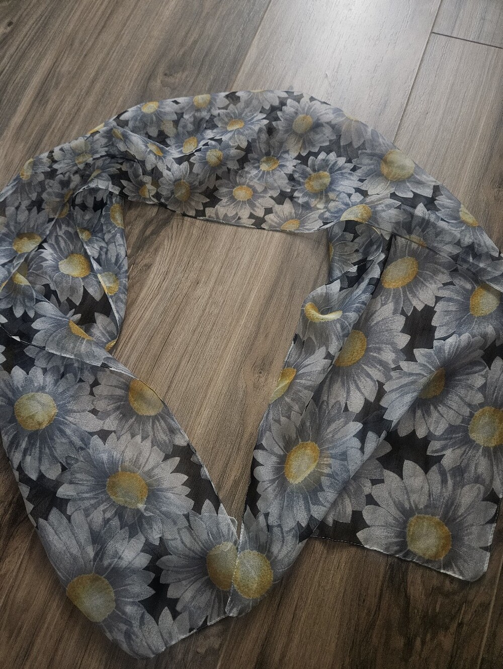 Sheer Black Floral Daisy Scarf with Yellow Centers